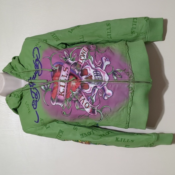 Ed Hardy Other - Ed Hardy by Christian Audigier Green Pink Leather Jacket hoodie Women's Medium